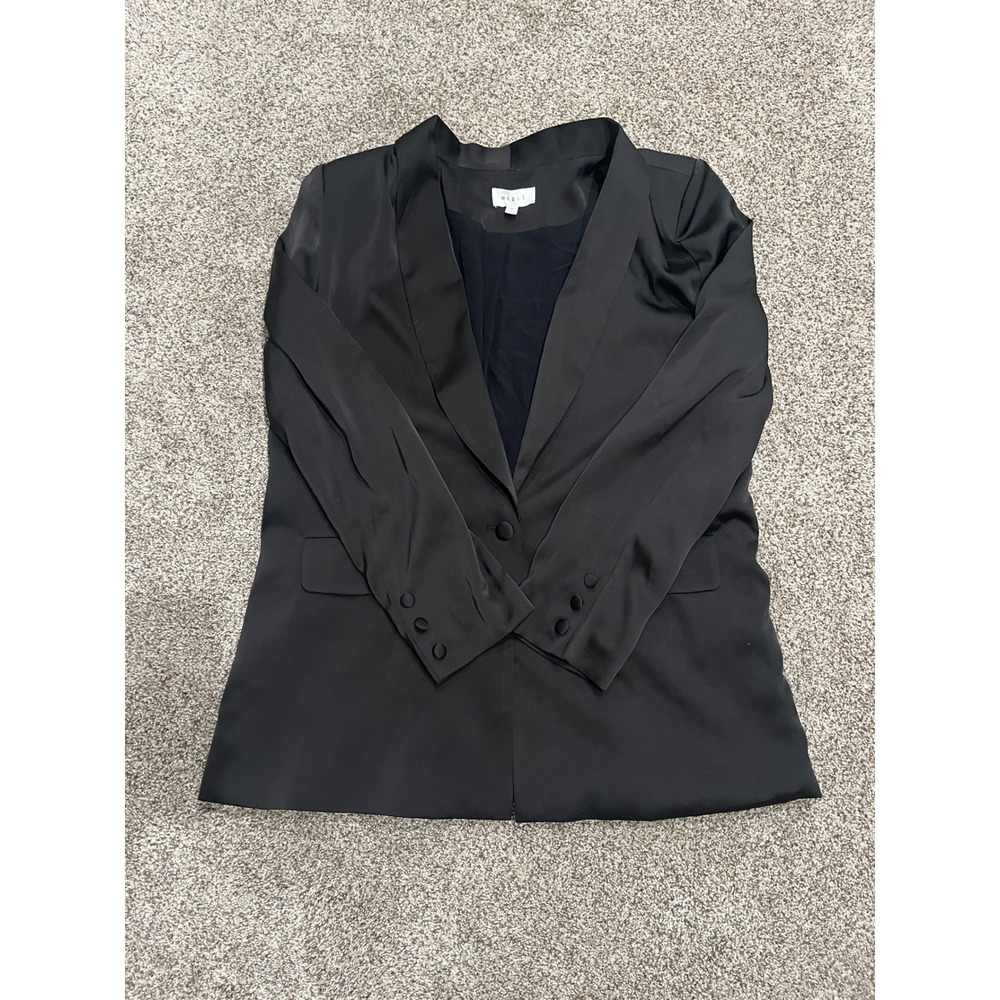 Mable Womens Black Satin Single Button Blazer Jacket M